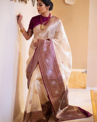 Bhagyam – Beige Soft Banarasi Silk Saree with Wine Jacquard Pallu