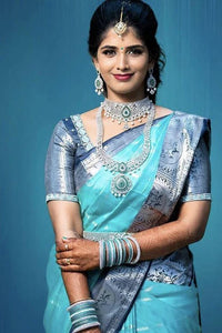 Vedhika - Firozi Banarasi Silk Saree with Blue Zari Contrast