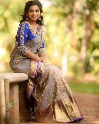 Annapurna - Grey Soft Silk Saree with Jacquard Work and Dual Blue Blouse Options